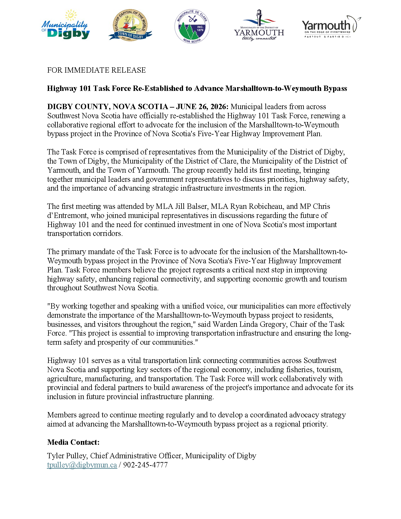 Press Release Hwy 101 Task Force